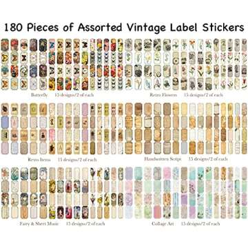 Vintage Style Label Stickers Set (180 Pieces), Decorative Nature Butterfly Retro Flower Manuscript O...