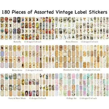 Vintage Style Label Stickers Set (180 Pieces), Decorative Nature Butterfly Retro Flower Manuscript O...