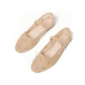 Coutgo Womens Mesh Ballet Flats Crystal Rhinestone Studded Comfortable Mary Jane Dress Shoes, Nude, Size 9