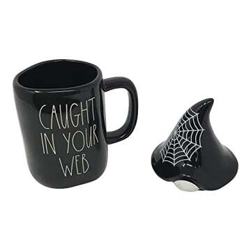 Rae Dunn Ceramic Halloween Mug with Decorative Lid (Caught In Your Web/Black/Gnome)