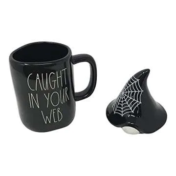 Rae Dunn Ceramic Halloween Mug with Decorative Lid (Caught In Your Web/Black/Gnome)