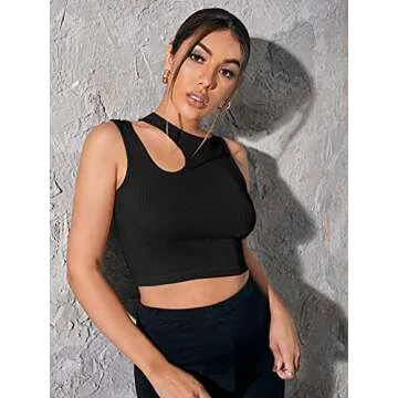 Verdusa Women's Cut Out Sleeveless Round Neck Slim Fitted Ribbed Tank Crop Top Black S