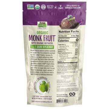 NOW Foods, Organic Monk Fruit With Erythritol Powder, 1 to 1 Sugar Replacement, 1-Pound