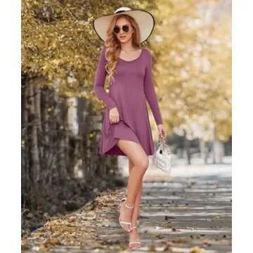 DEARCASE Women's T-Shirt Dress Mauve Medium V-Neck Spring Casual Loose Long Sleeve Fall Winter Wedding Guest Knee Length Jersey Flowy Stretch Solid A-Line Tunic Swing Sweater Tunic Dresses