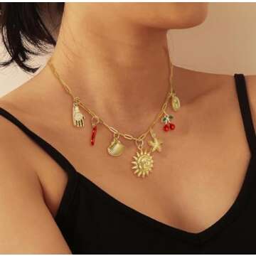 HOLINSE Charm Necklace For Women, 14K Gold Sun and Moon Coin Cross Cherry Charm Necklace, Dainty Summer Beach Shell Starfish Paperclip Link Chain Necklaces (Gold)