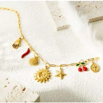 HOLINSE Charm Necklace For Women, 14K Gold Sun and Moon Coin Cross Cherry Charm Necklace, Dainty Summer Beach Shell Starfish Paperclip Link Chain Necklaces (Gold)