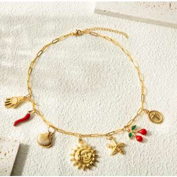 HOLINSE Charm Necklace For Women, 14K Gold Sun and Moon Coin Cross Cherry Charm Necklace, Dainty Summer Beach Shell Starfish Paperclip Link Chain Necklaces (Gold)