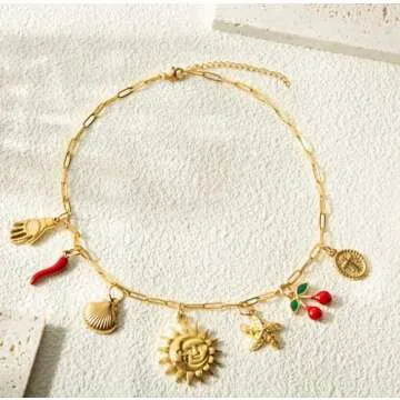 HOLINSE Charm Necklace For Women, 14K Gold Sun and Moon Coin Cross Cherry Charm Necklace, Dainty Summer Beach Shell Starfish Paperclip Link Chain Necklaces (Gold)