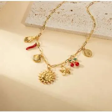 HOLINSE Charm Necklace For Women, 14K Gold Sun and Moon Coin Cross Cherry Charm Necklace, Dainty Summer Beach Shell Starfish Paperclip Link Chain Necklaces (Gold)