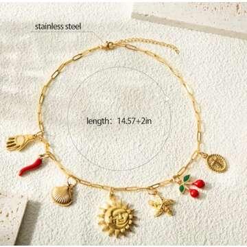 HOLINSE Charm Necklace For Women, 14K Gold Sun and Moon Coin Cross Cherry Charm Necklace, Dainty Summer Beach Shell Starfish Paperclip Link Chain Necklaces (Gold)