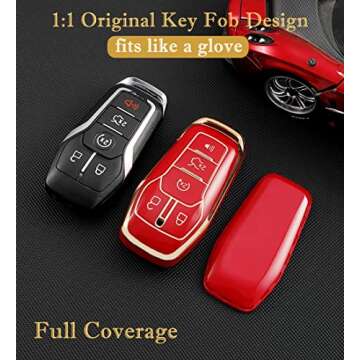 for Ford Key Fob Cover with Keychain, Premium Soft TPU Full Protection Key Fob Case for Ford Fusion Mustang F150 Edge Explorer Lincoln MKZ MKC MKX Smart Remote Key Protector (Size B-Ivory)