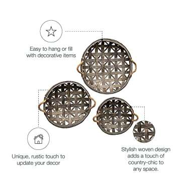 CWI Round Tobacco Basket with Metal Straps - Small, Medium, and Large Hanging Basket for Wall Storage and Decorations - 3 - Brown