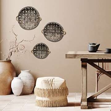 CWI Round Tobacco Basket with Metal Straps - Small, Medium, and Large Hanging Basket for Wall Storage and Decorations - 3 - Brown