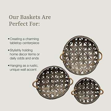 CWI Round Tobacco Basket with Metal Straps - Small, Medium, and Large Hanging Basket for Wall Storage and Decorations - 3 - Brown