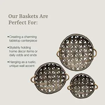 CWI Round Tobacco Basket with Metal Straps - Small, Medium, and Large Hanging Basket for Wall Storage and Decorations - 3 - Brown