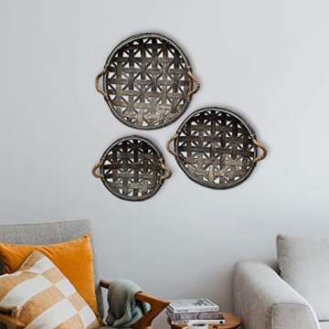 CWI Round Tobacco Basket with Metal Straps - Small, Medium, and Large Hanging Basket for Wall Storage and Decorations - 3 - Brown