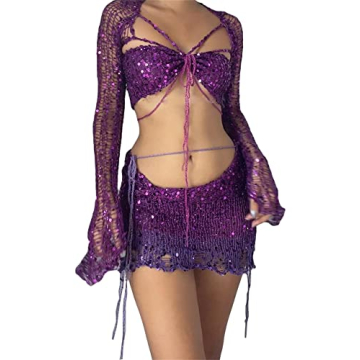 Y2k Sequin Knit Two Piece Outfit - Sexy Summer Streetwear Set