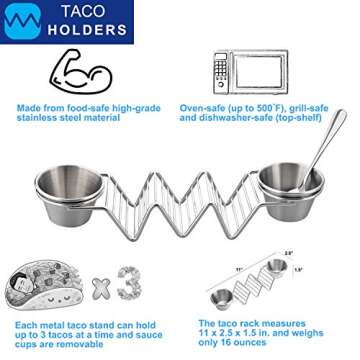 Upgrade Taco Shell Stand Up Holders-4 Pack Premium Stainless Steel Taco Holder with 8 Salad Cups & 4 Spoons,Holds 3 Tacos Each Keeping Shells Upright & Neat