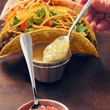 Upgrade Taco Shell Stand Up Holders-4 Pack Premium Stainless Steel Taco Holder with 8 Salad Cups & 4 Spoons,Holds 3 Tacos Each Keeping Shells Upright & Neat