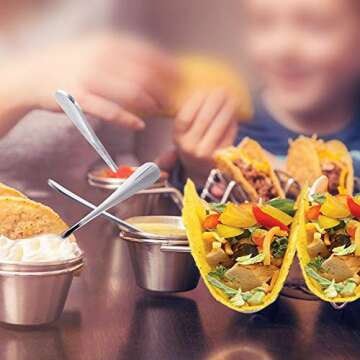 Upgrade Taco Shell Stand Up Holders-4 Pack Premium Stainless Steel Taco Holder with 8 Salad Cups & 4 Spoons,Holds 3 Tacos Each Keeping Shells Upright & Neat