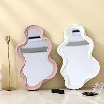 Mokoze Asymmetrical Wall-Mounted Mirror, Creative Unique Decorative Mirrors, Funky Wavy Mirror 16.14"x9.84" Irregular Border White Mirror for Bathroom Living Room Decoration