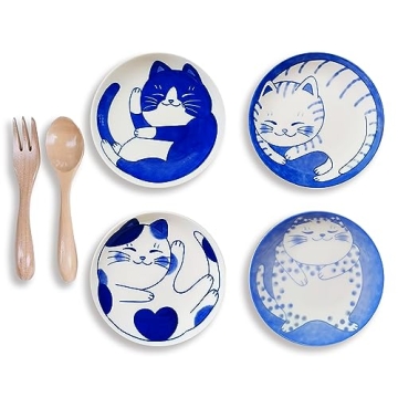 OTYFGHD Cute Cat Ceramic Dessert Plates,Set of 4,Dipping, Sushi,Appetizer Plates,Soy Sauce Dish,Cat ...