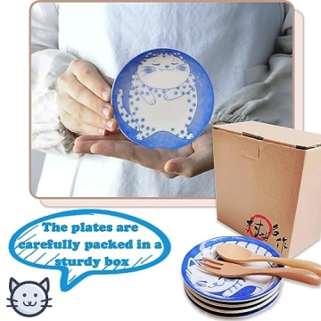 OTYFGHD Cute Cat Ceramic Dessert Plates,Set of 4,Dipping, Sushi,Appetizer Plates,Soy Sauce Dish,Cat Gift,Dishware and Dinnerware Sets（Free Spoon and Fork）