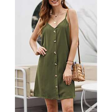 Chase Secret Women's Summer V Neck Button Down Strappy Sleeveless Casual Flowy Spaghetti Strap Mini Dress Green X-Large