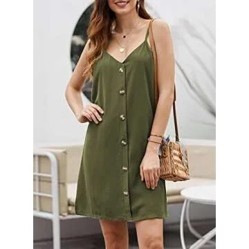 Chase Secret Women's Summer V Neck Button Down Strappy Sleeveless Casual Flowy Spaghetti Strap Mini Dress Green X-Large