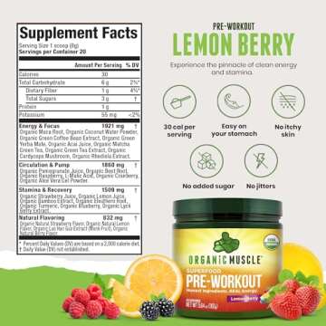 USDA Organic Pre-Workout Powder, Lemon Berry | Clean Energy Without Jitters | Natural Performance Boost | No Artificial Sweeteners | 20 Superfoods | Low Caffeine, 20 Servings