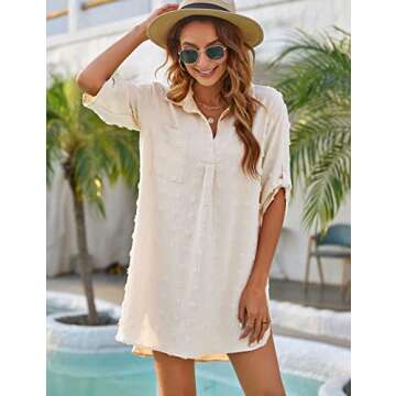 Blooming Jelly Womens Bathing Suit Coverups White Swiss Dot Beach Swim Cover Up Shirt Dress(Medium, Beige)