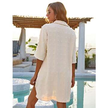 Blooming Jelly Womens Bathing Suit Coverups White Swiss Dot Beach Swim Cover Up Shirt Dress(Medium, Beige)