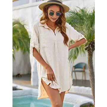 Blooming Jelly Womens Bathing Suit Coverups White Swiss Dot Beach Swim Cover Up Shirt Dress(Medium, Beige)
