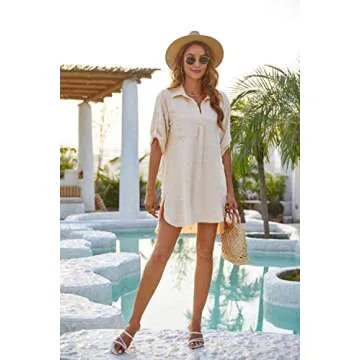 Blooming Jelly Womens Bathing Suit Coverups White Swiss Dot Beach Swim Cover Up Shirt Dress(Medium, Beige)