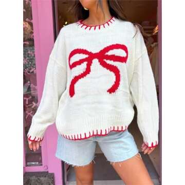 Alyweatry Women Coquette Cute Sweater with Bows Long Sleeve Crew Neck Aesthetic Y2k Loose Fit Knit S...