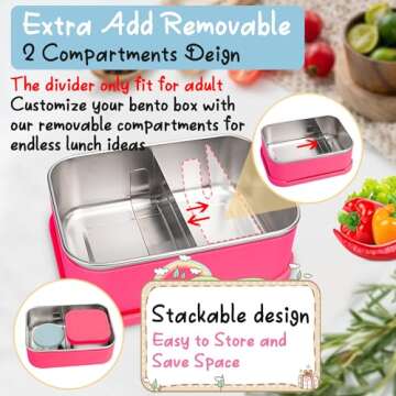 3Pack Stainless Steel Bento Lunch Box Set, Leak-Proof 28.7OZ Divided Metal Food Storage Boxes Meal Prep Container with Silicone Lid and Protective Sleeve, with Sauce Cup and Snack Containers-Rose