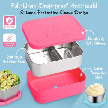 3Pack Stainless Steel Bento Lunch Box Set, Leak-Proof 28.7OZ Divided Metal Food Storage Boxes Meal Prep Container with Silicone Lid and Protective Sleeve, with Sauce Cup and Snack Containers-Rose