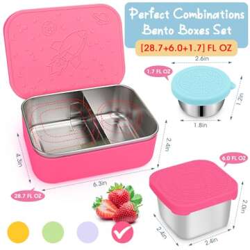 3Pack Stainless Steel Bento Lunch Box Set, Leak-Proof 28.7OZ Divided Metal Food Storage Boxes Meal Prep Container with Silicone Lid and Protective Sleeve, with Sauce Cup and Snack Containers-Rose