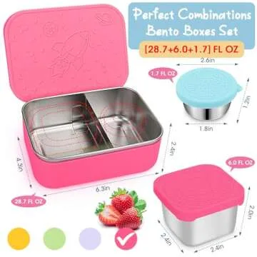 3Pack Stainless Steel Bento Lunch Box Set, Leak-Proof 28.7OZ Divided Metal Food Storage Boxes Meal Prep Container with Silicone Lid and Protective Sleeve, with Sauce Cup and Snack Containers-Rose