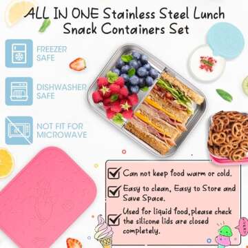 3Pack Stainless Steel Bento Lunch Box Set, Leak-Proof 28.7OZ Divided Metal Food Storage Boxes Meal Prep Container with Silicone Lid and Protective Sleeve, with Sauce Cup and Snack Containers-Rose