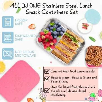 3Pack Stainless Steel Bento Lunch Box Set, Leak-Proof 28.7OZ Divided Metal Food Storage Boxes Meal Prep Container with Silicone Lid and Protective Sleeve, with Sauce Cup and Snack Containers-Rose