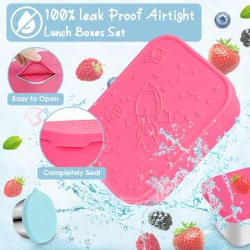 3Pack Stainless Steel Bento Lunch Box Set, Leak-Proof 28.7OZ Divided Metal Food Storage Boxes Meal Prep Container with Silicone Lid and Protective Sleeve, with Sauce Cup and Snack Containers-Rose