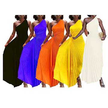 Ecirod Womens Sexy One Shoulder Sleeveless Pleated Dress Summer Cocktail Evening Party Long Dresses Yellow