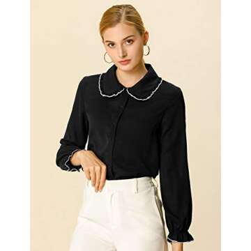 Allegra K Women's Long Sleeve Blouse Sweet Ruffle Peter Pan Collar Button Down Business Casual Work Shirt Large Black