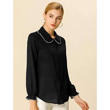 Allegra K Women's Long Sleeve Blouse Sweet Ruffle Peter Pan Collar Button Down Business Casual Work Shirt Large Black