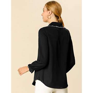Allegra K Women's Long Sleeve Blouse Sweet Ruffle Peter Pan Collar Button Down Business Casual Work Shirt Large Black