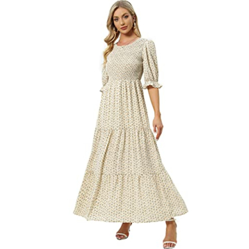 Womens Summer Casual Half Sleeve Bohemian Floral Tiered Maxi Dress Beige Floral