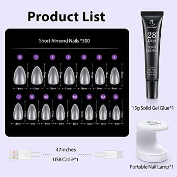 Gel Nail Kit Short Almond - BTArbox Soft Gel Nail Tips and Solid Nail Glue Gel Kit, 300pcs Short Almond Full Matte Fake Nail Tips with Portable Nail Lamp, Acrylic Gel Nail Extension Kit…