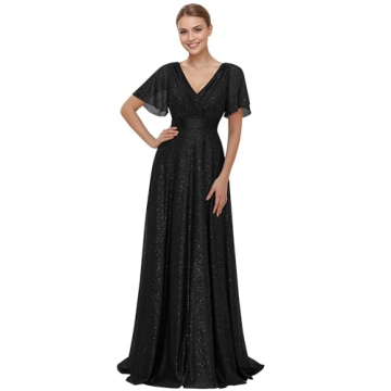 Ever-Pretty Womens Evening Dresses V Neck Short Sleeves A-line Glitter Formal Dresses Black US22