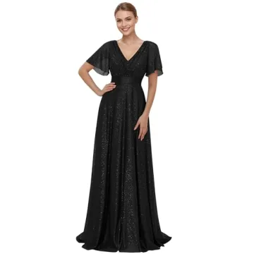 Ever-Pretty Womens Evening Dresses V Neck Short Sleeves A-line Glitter Formal Dresses Black US22